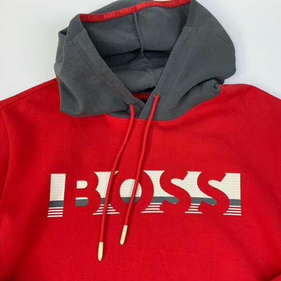 New Hugo Boss Red Hoodie With Gray Hood "BOSS" Logo Sz XL - Picture 13 of 16